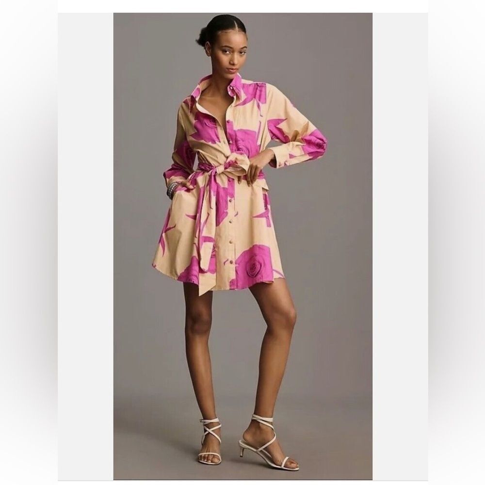 Anthropologie Hutch Long-Sleeve Tie-Waist Shirt Dress Neutral Pink Hutch XS